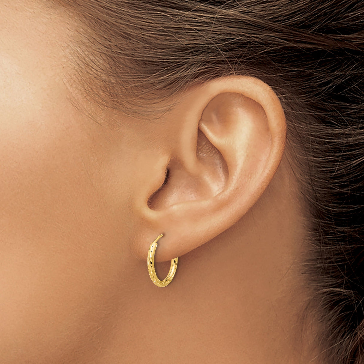 14k Yellow Gold Hoop Earrings, Textured Diamond Cut and Satin Finish, Latch Back Closure