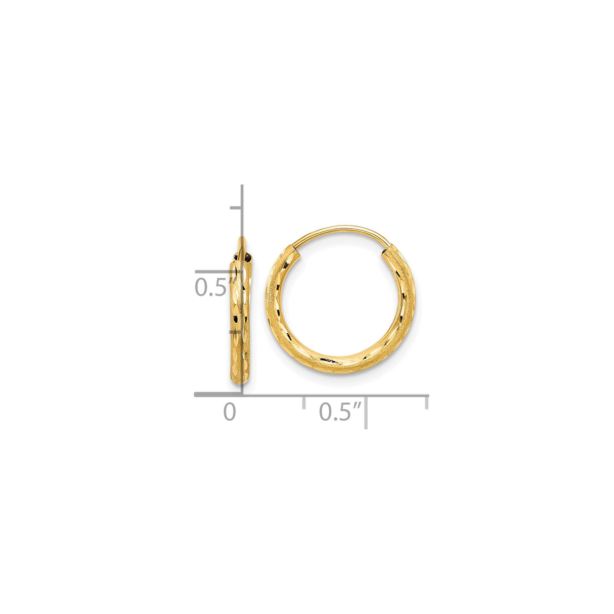 14k Yellow Gold Hoop Earrings, Textured Diamond Cut and Satin Finish, Latch Back Closure