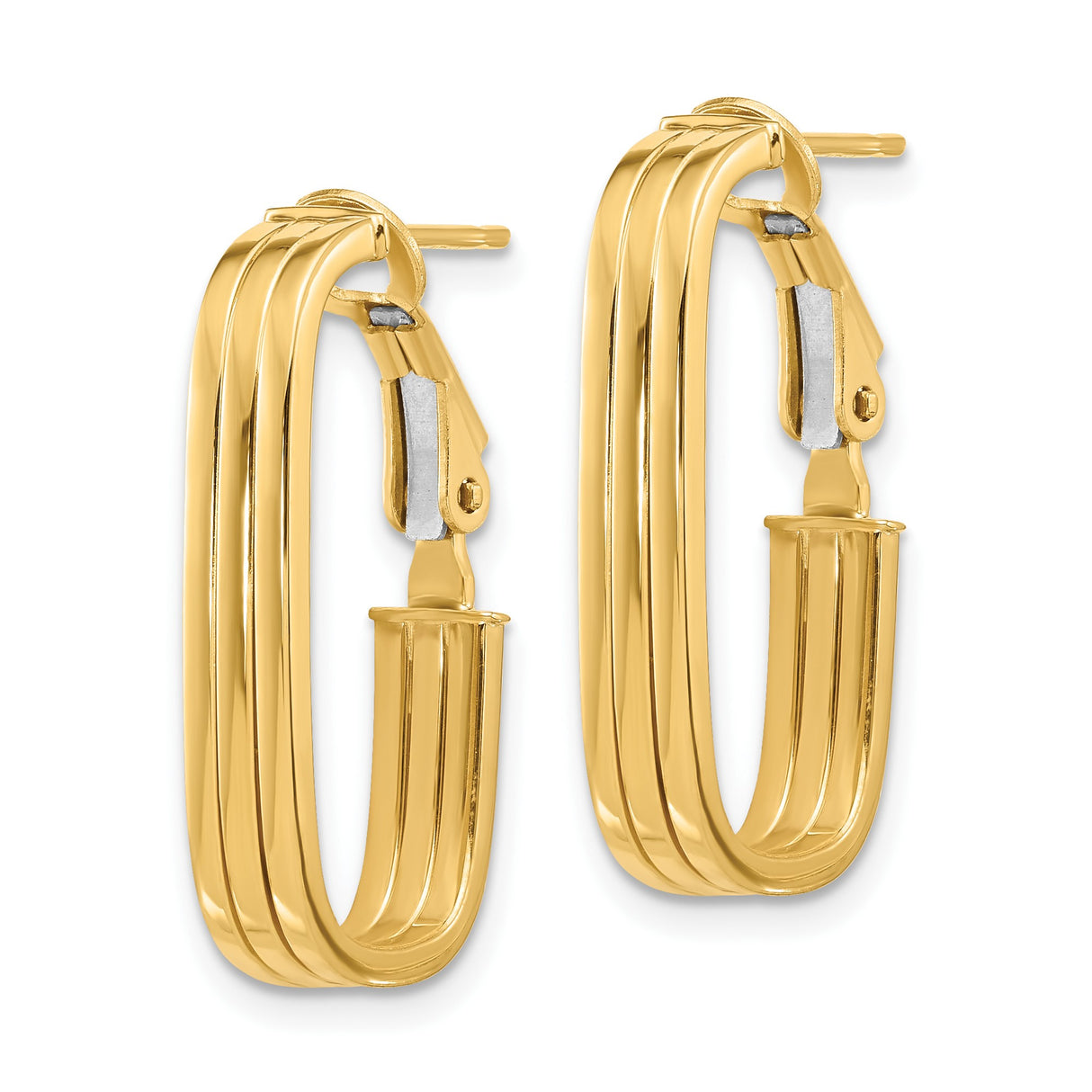 14k Yellow Gold Hoop Earrings with Rectangular Shape and Triple Groove Detail