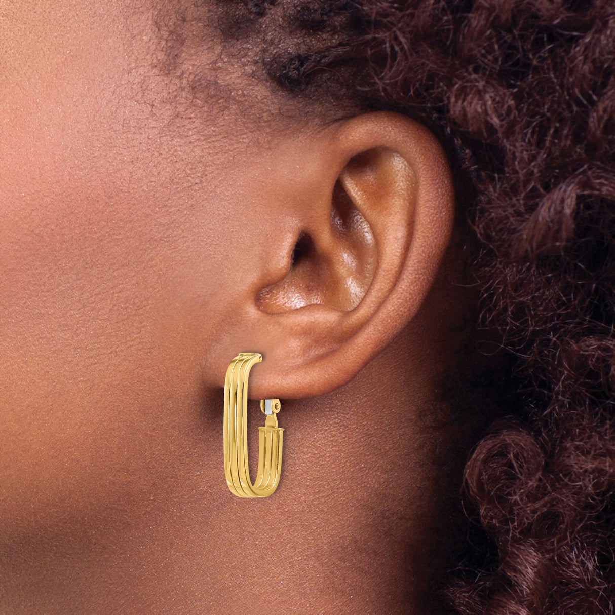 14k Yellow Gold Hoop Earrings with Rectangular Shape and Triple Groove Detail