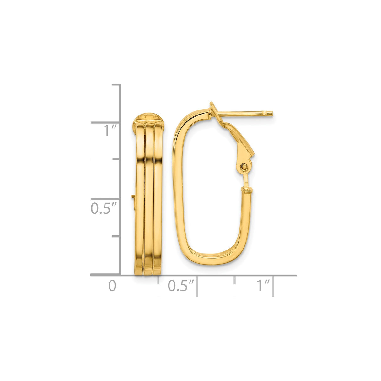 14k Yellow Gold Hoop Earrings with Rectangular Shape and Triple Groove Detail