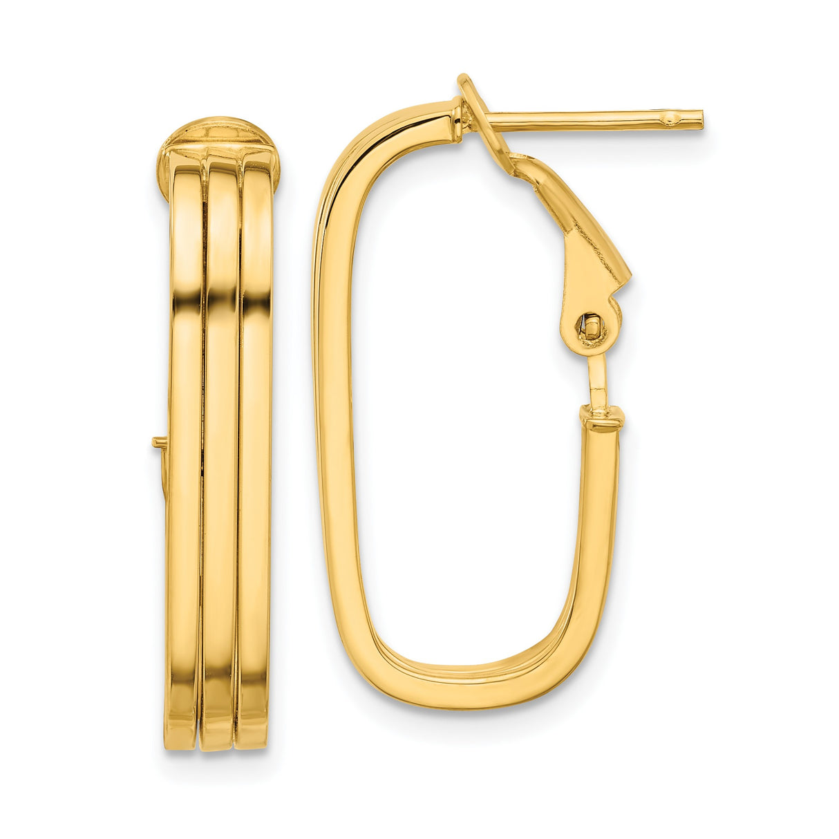 14k Yellow Gold Hoop Earrings with Rectangular Shape and Triple Groove Detail