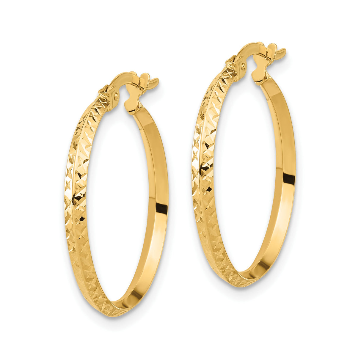 14k Yellow Gold Hoop Earrings with Textured Diamond Cut Design, Latch Back Closure