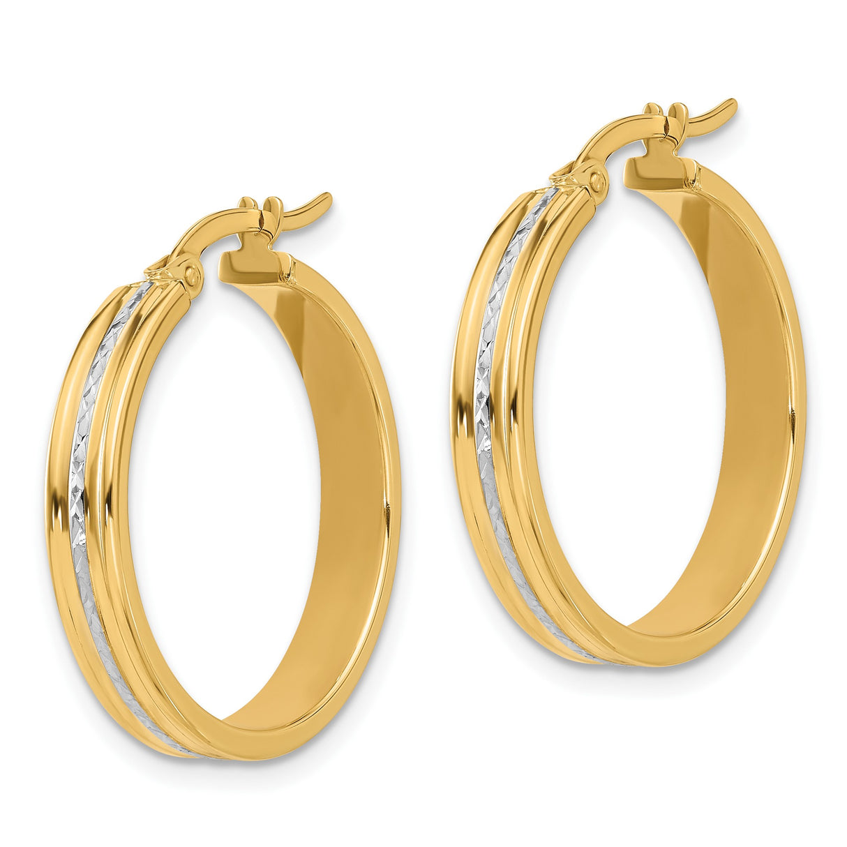 14k Yellow Gold Hoop Earrings with Diamond-Cut Rhodium Stripe, Polished Two-Tone Design for Women
