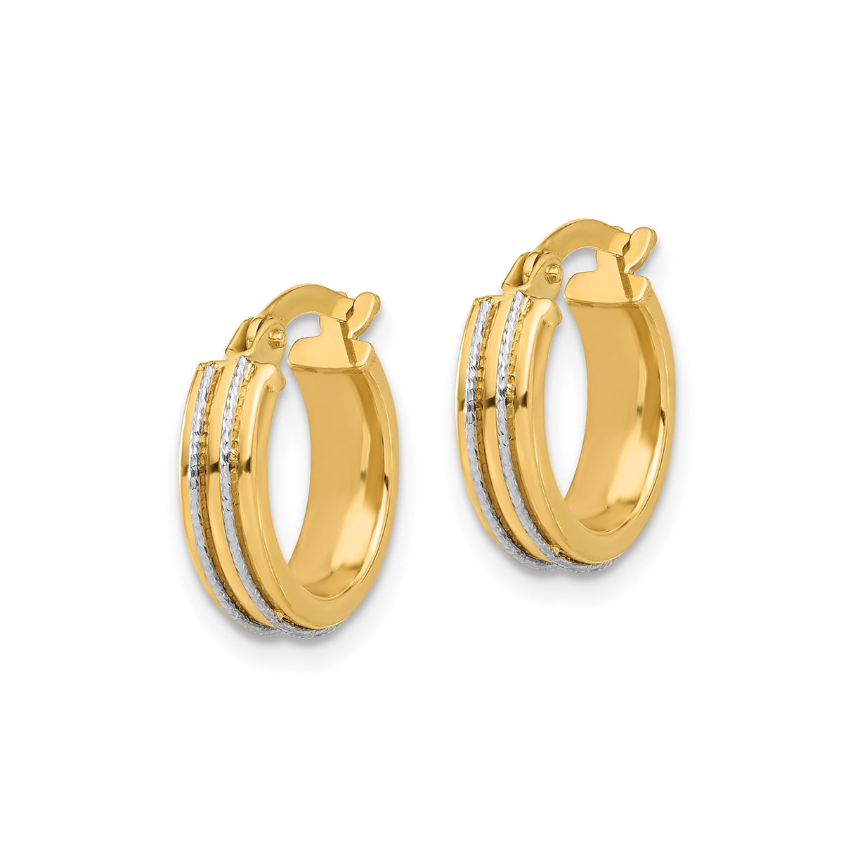 14k Yellow and White Gold Hoop Earrings, Small Two-Tone Polished and Textured Design