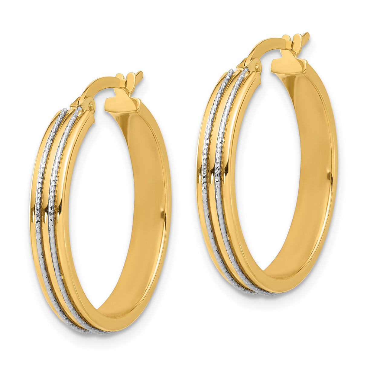 14k Yellow Gold Hoop Earrings, Two-Tone with Textured White Gold Accents, Classic Round Design