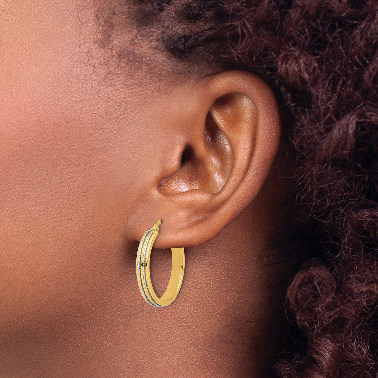 14k Yellow Gold Hoop Earrings, Two-Tone with Textured White Gold Accents, Classic Round Design