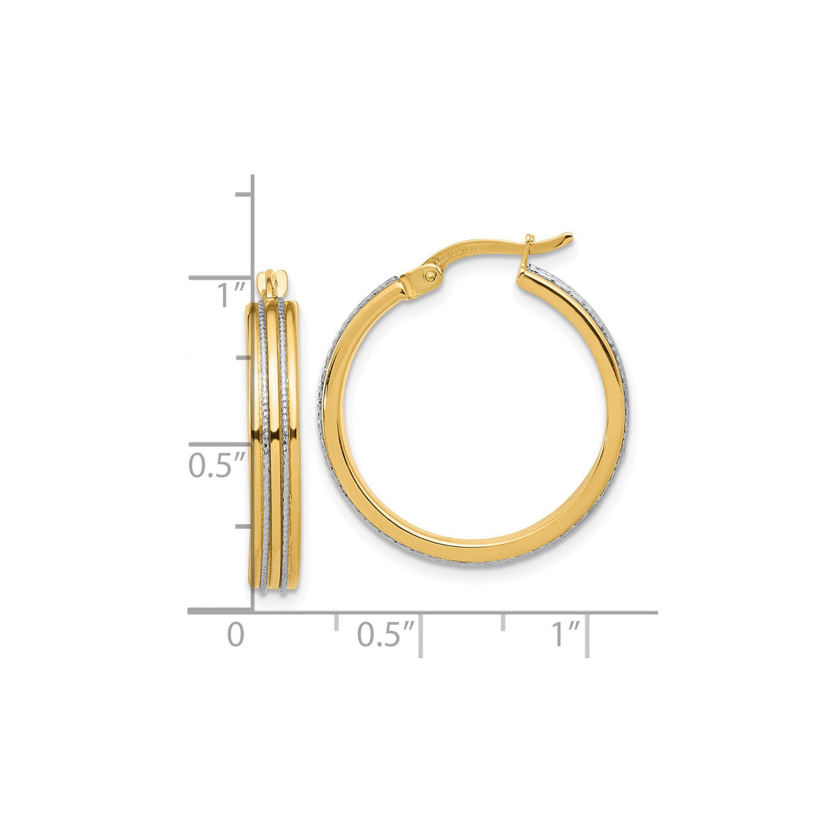 14k Yellow Gold Hoop Earrings, Two-Tone with Textured White Gold Accents, Classic Round Design