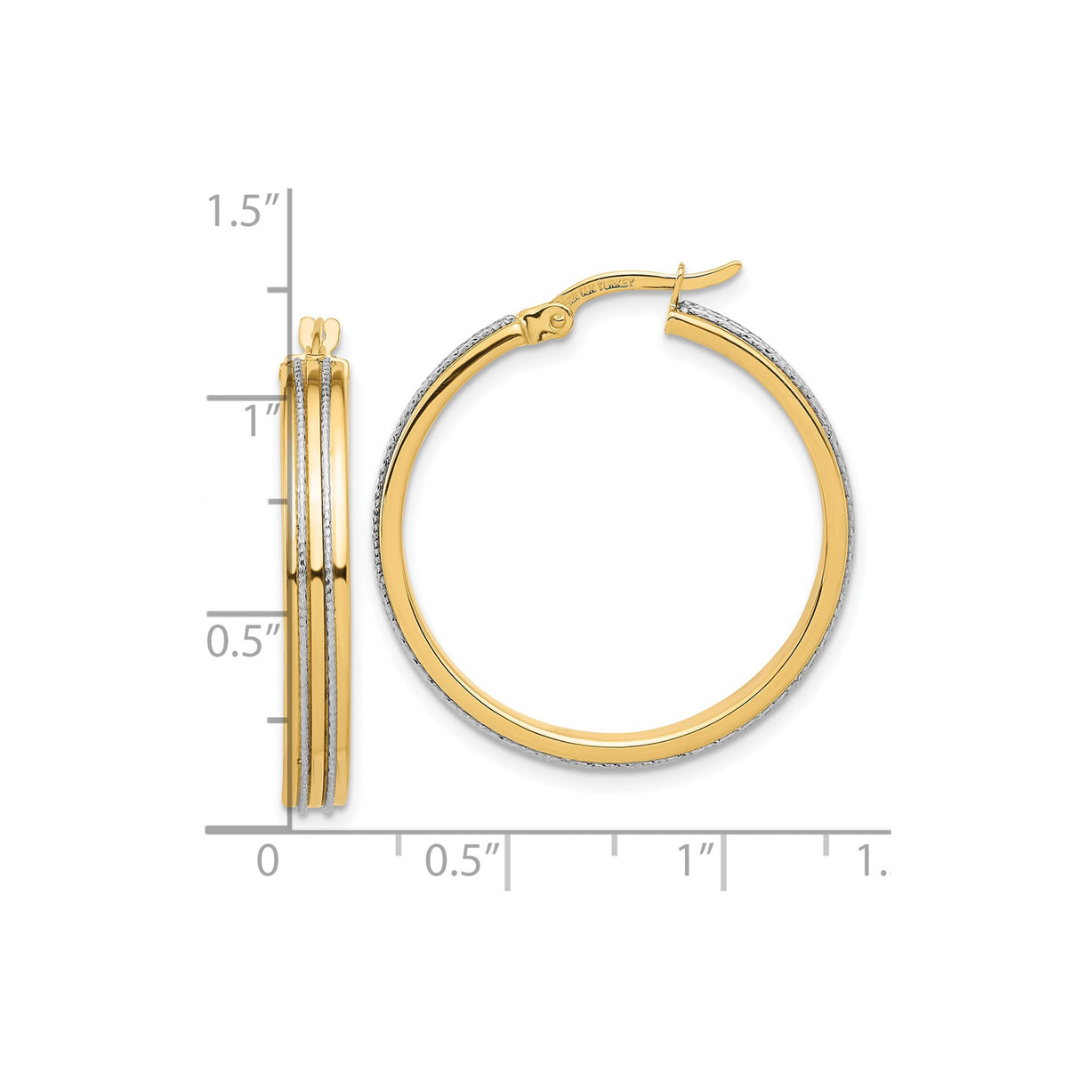 14k Two-Tone Gold Hoop Earrings with Polished Yellow Gold and Textured White Gold Accents