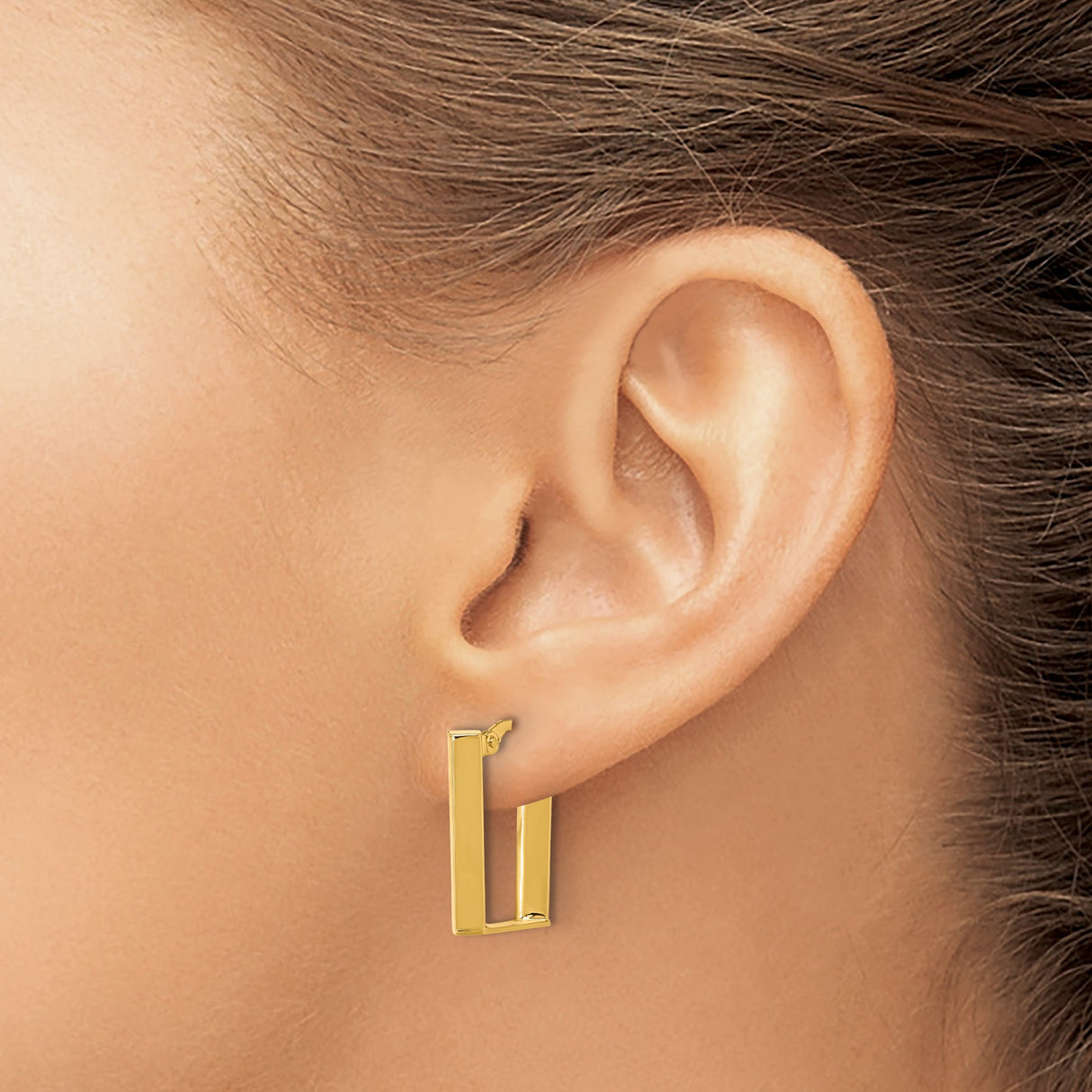14k Yellow Gold Rectangular Hoop Earrings, Polished U-Shaped Minimalist Style for Women