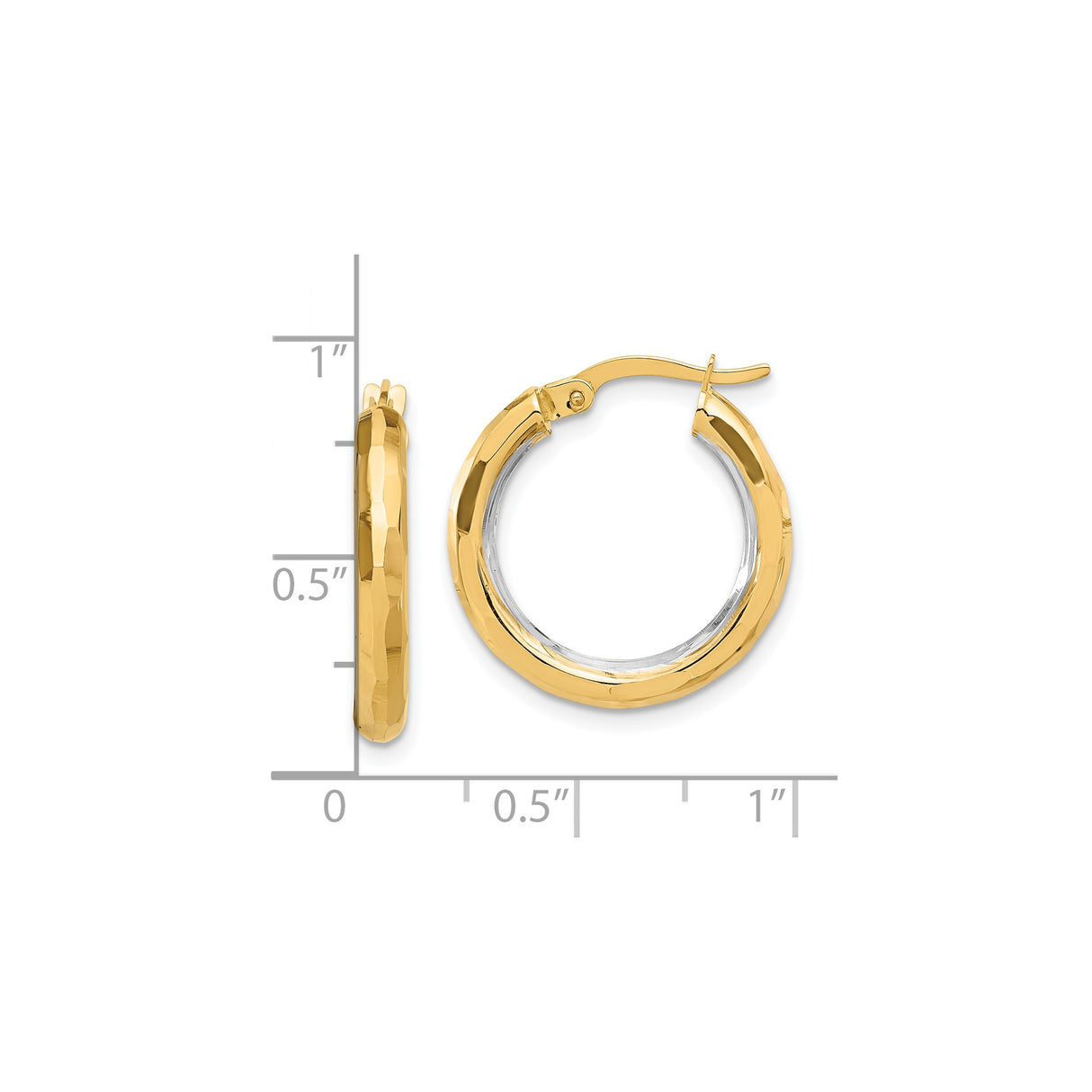 14k Yellow Gold Hoop Earrings, Two-Tone with Polished Hammered Finish, Lightweight Textured Design