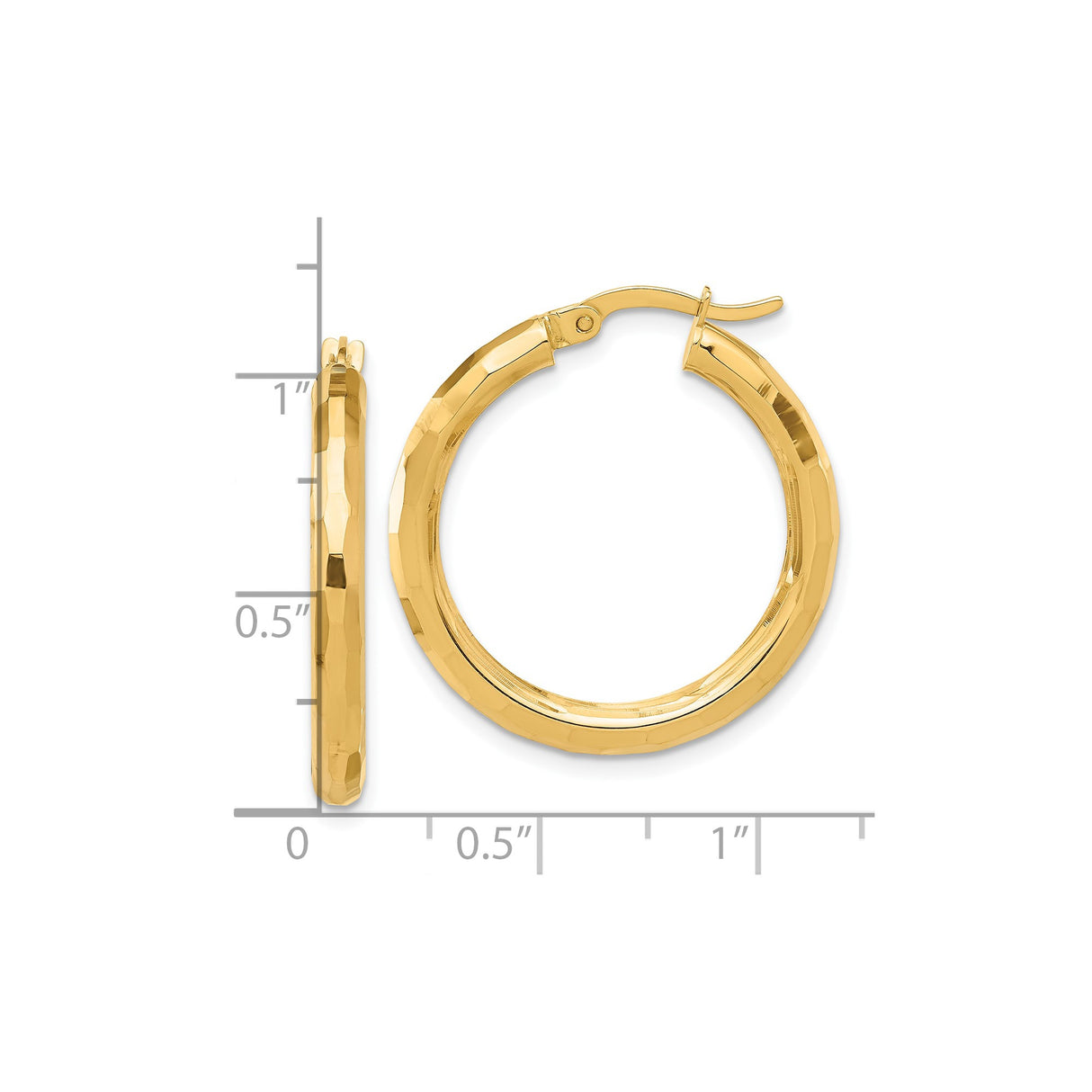 14k Yellow Gold Hoop Earrings, Textured Faceted Finish, Classic Round Hinged Design for Women