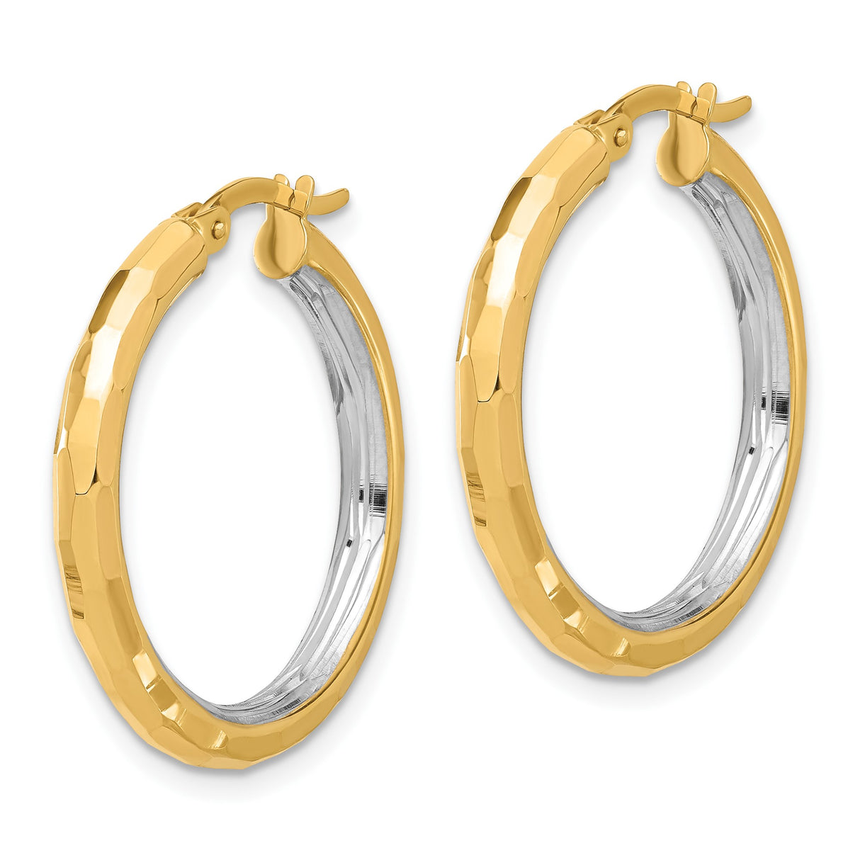 14k Yellow Gold Hoop Earrings, Hammered and Polished Two-Tone Textured Design, Latch Back Closure