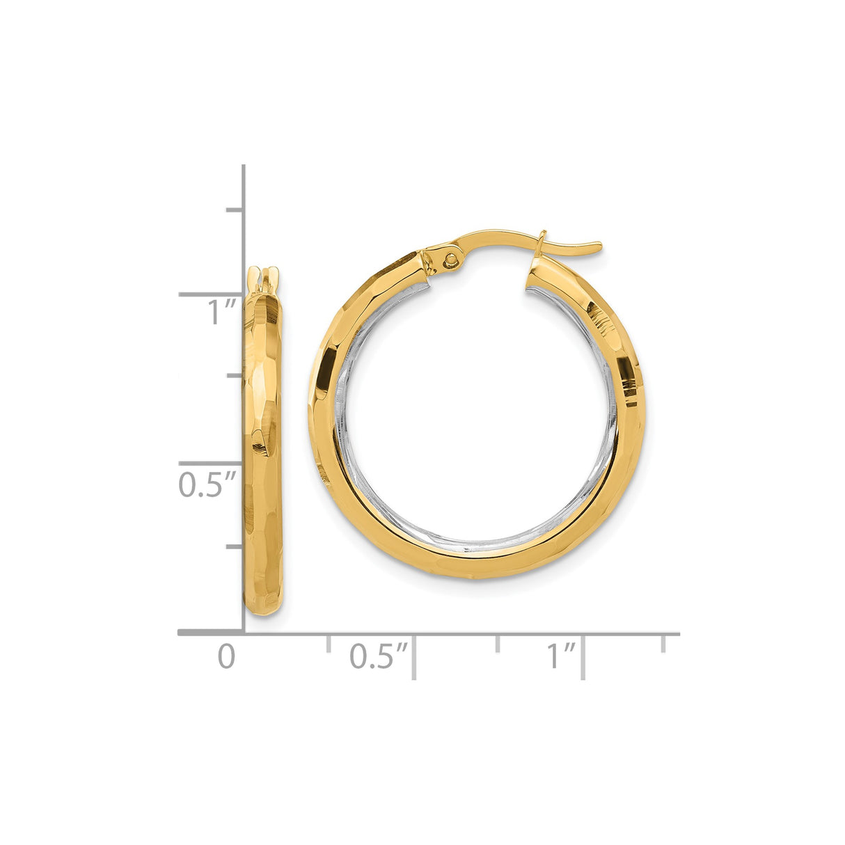 14k Yellow Gold Hoop Earrings, Hammered and Polished Two-Tone Textured Design, Latch Back Closure