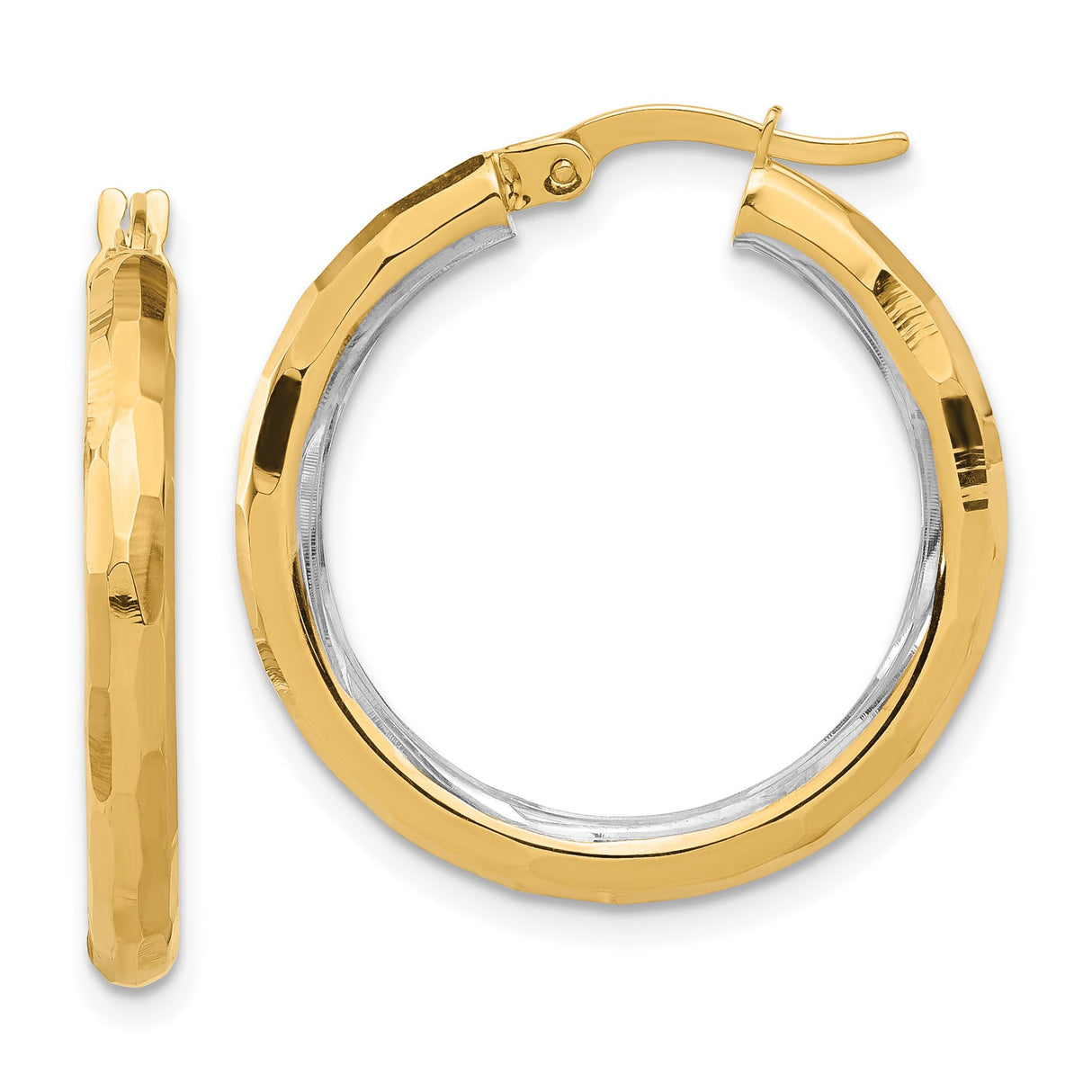 14k Yellow Gold Hoop Earrings, Hammered and Polished Two-Tone Textured Design, Latch Back Closure