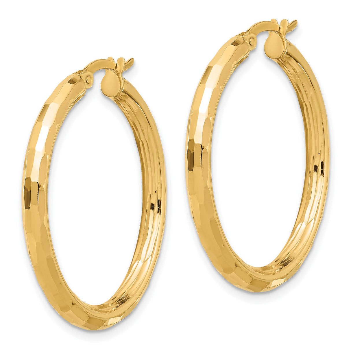 14k Yellow Gold Hoop Earrings, Hammered Textured Finish, Medium Size with Latch Back Closure