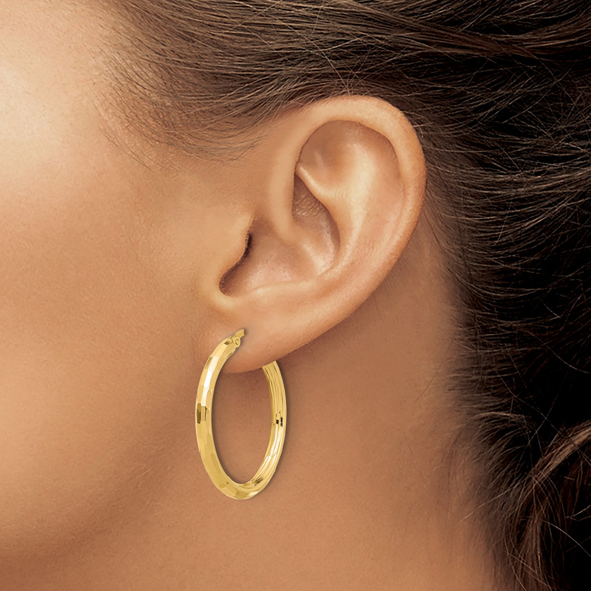 14k Yellow Gold Hoop Earrings, Hammered Textured Finish, Medium Size with Latch Back Closure
