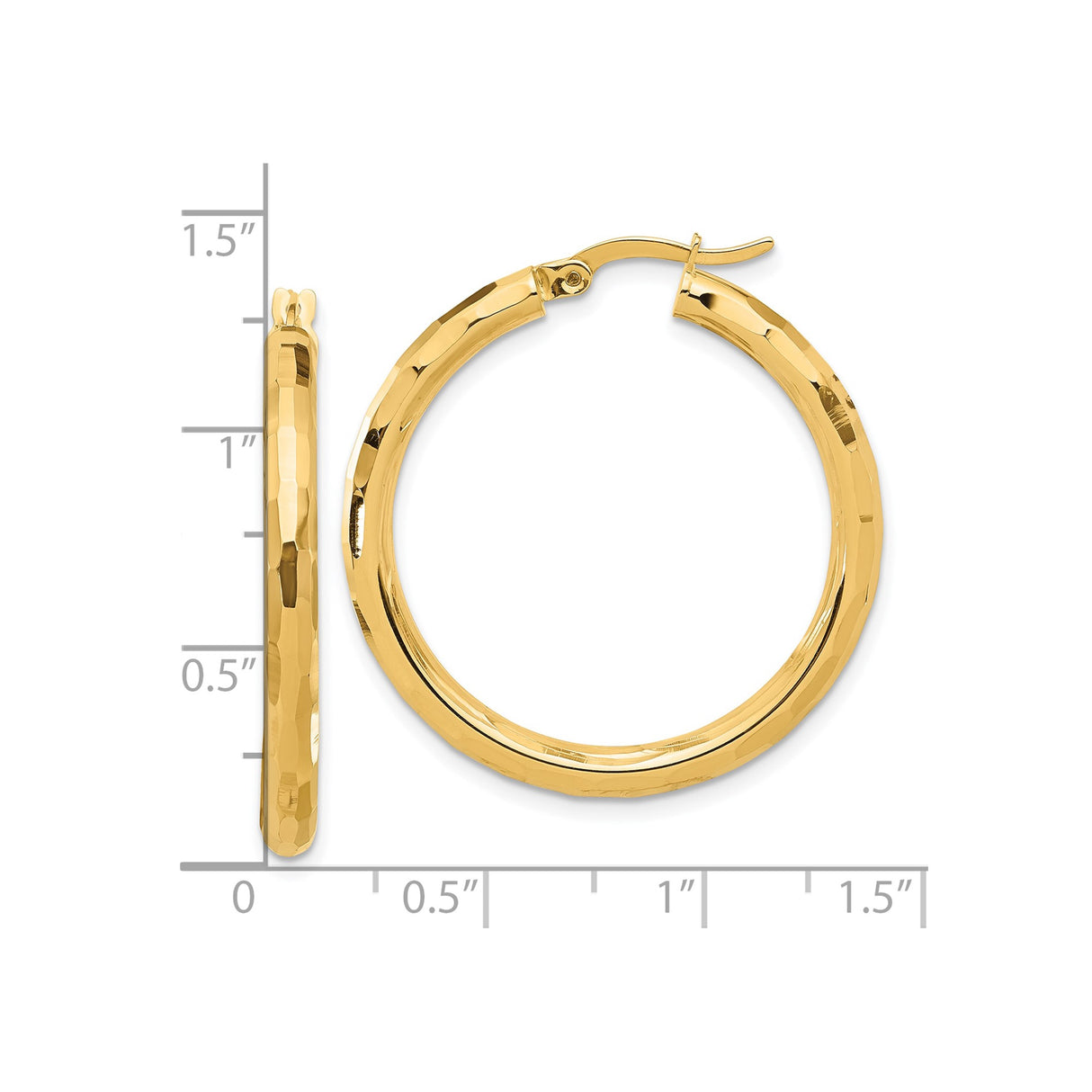 14k Yellow Gold Hoop Earrings, Hammered Textured Finish, Medium Size with Latch Back Closure