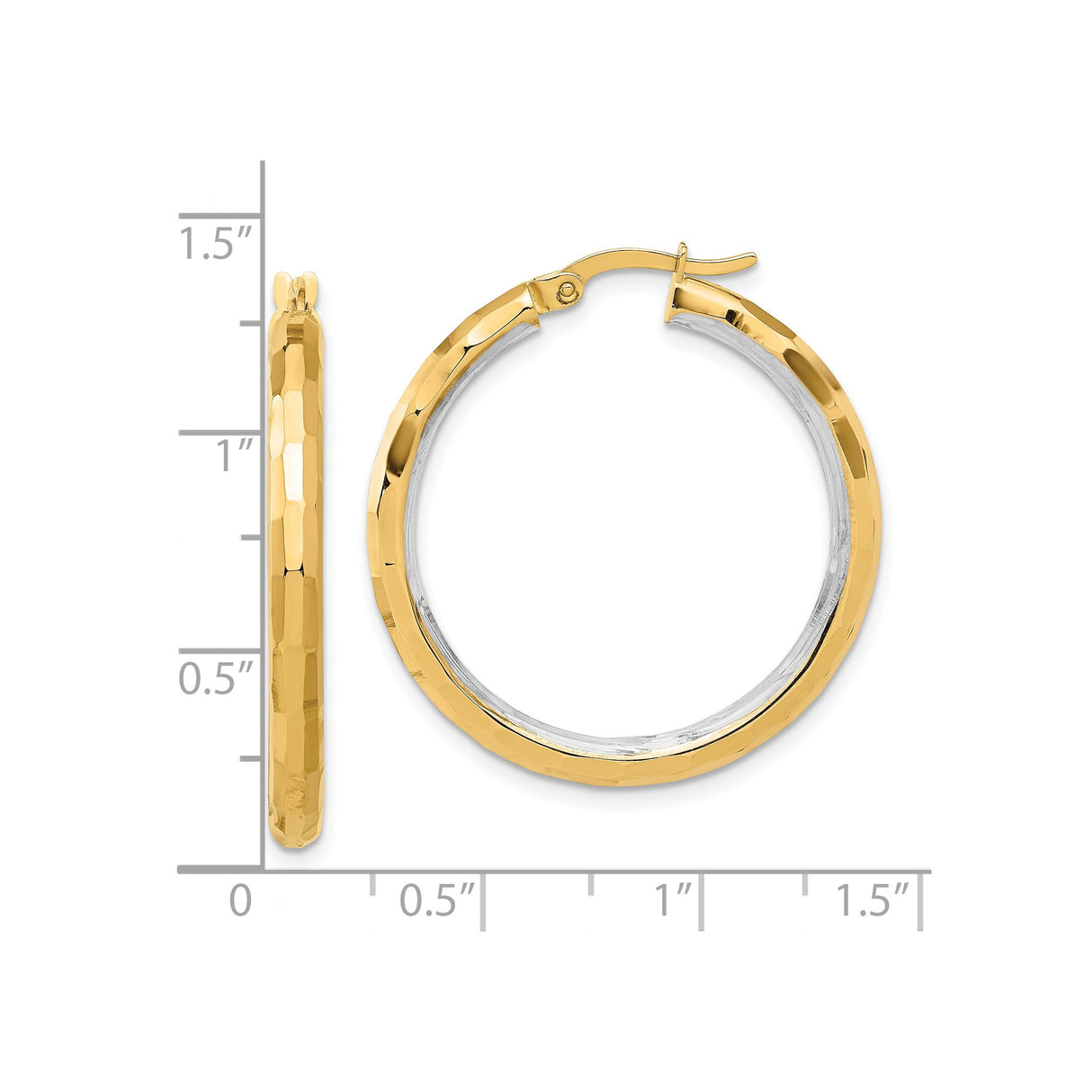 14k Yellow Gold Hoop Earrings with Rhodium Finish, Faceted Polished Two-Tone Design