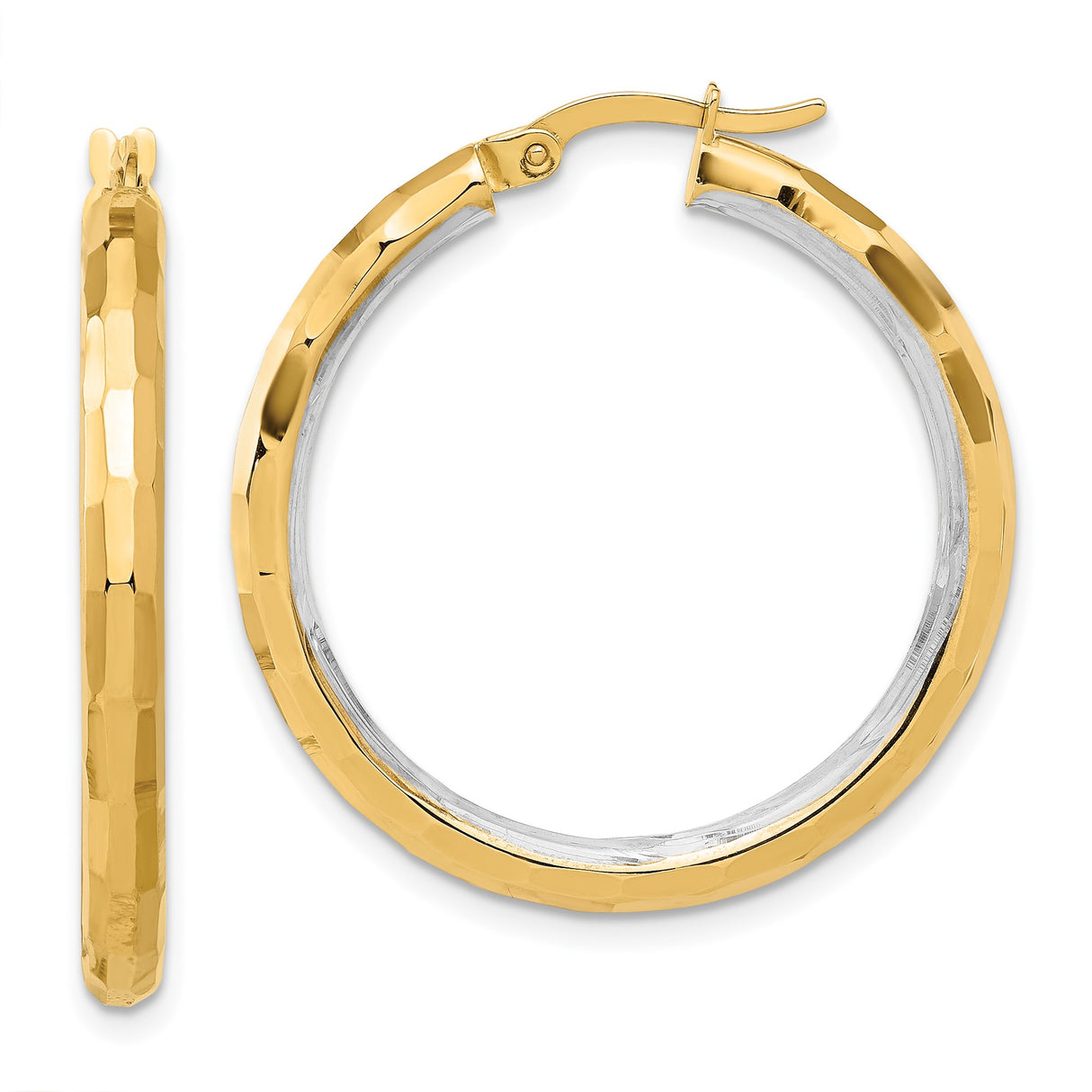 14k Yellow Gold Hoop Earrings with Rhodium Finish, Faceted Polished Two-Tone Design