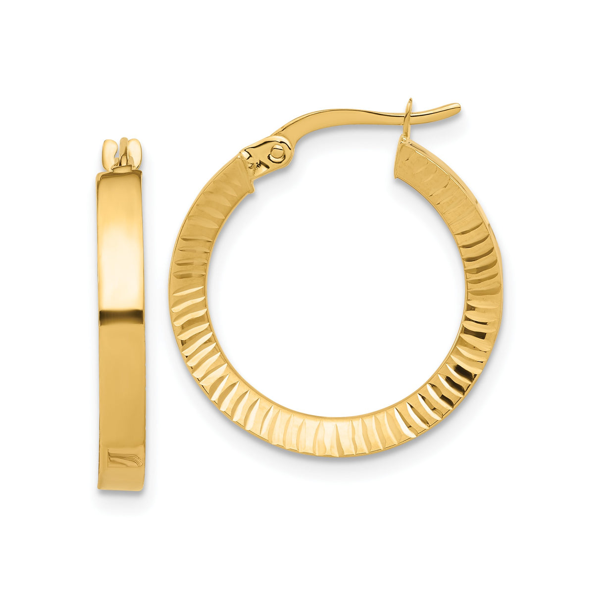 14k Yellow Gold Hoop Earrings with Textured Ridged Design and Polished Finish