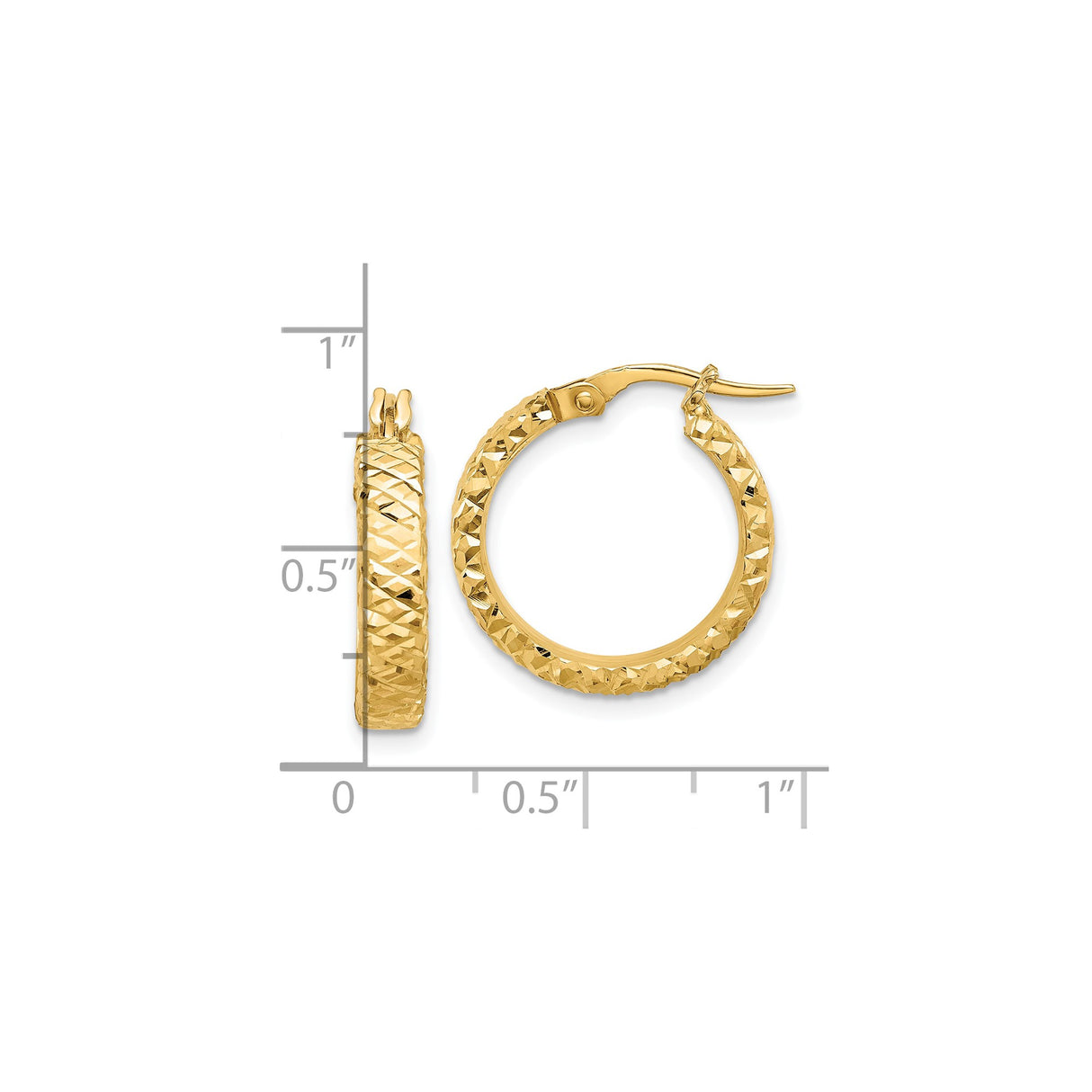 14k Yellow Gold Hoop Earrings with Diamond Cut Texture, Classic Circular Design, Latch Back Closure