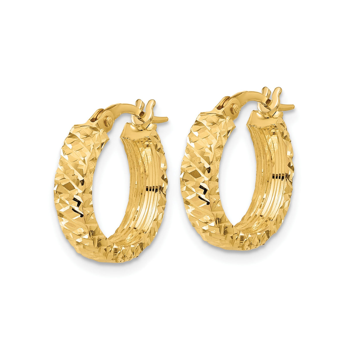 14k Yellow Gold Hoop Earrings, Textured Diamond Cut Polished Round Hoops for Women
