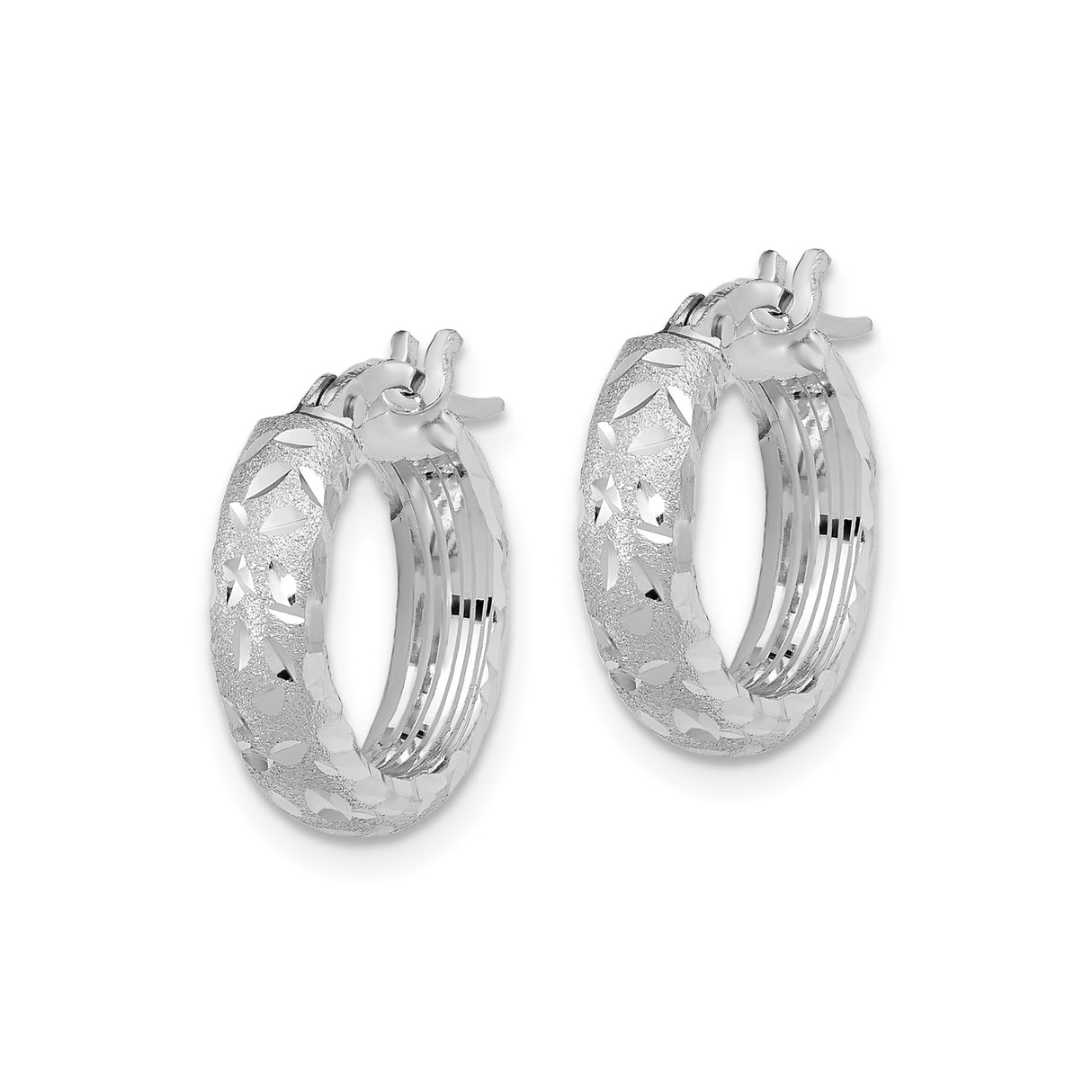 14k White Gold Hoop Earrings, Diamond Cut Textured Design, Geometric Style for Women