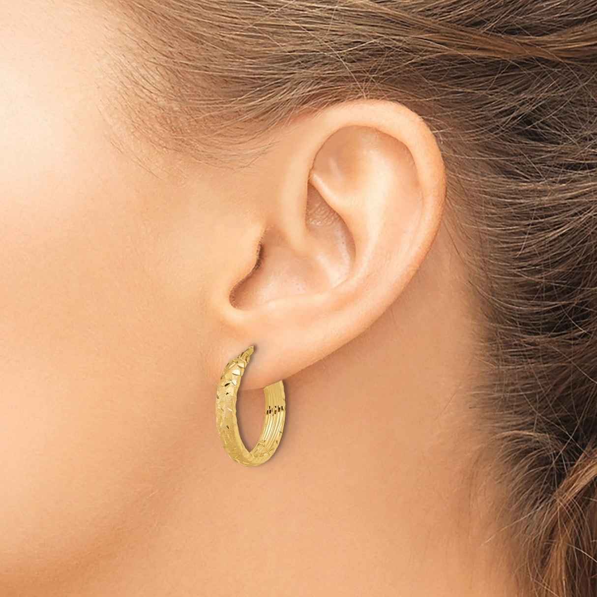 14k Yellow Gold Hoop Earrings with Textured Diamond Cut Leaf Pattern Design for Women