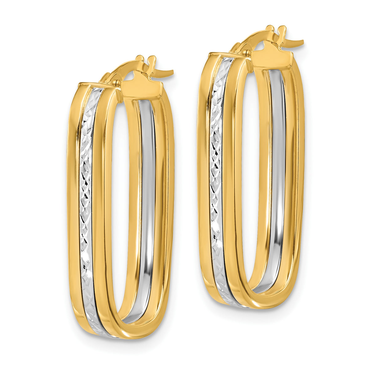 14k Two-Tone Gold Hoop Earrings, Rectangular with Diamond Cut Center and Polished Edges