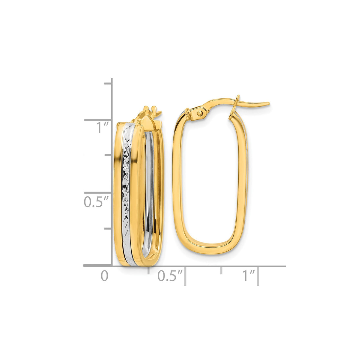14k Two-Tone Gold Hoop Earrings, Rectangular with Diamond Cut Center and Polished Edges