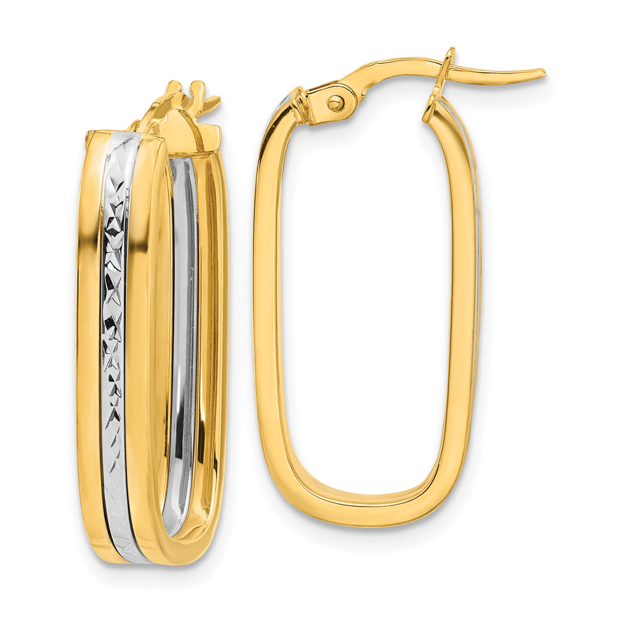 14k Two-Tone Gold Hoop Earrings, Rectangular with Diamond Cut Center and Polished Edges