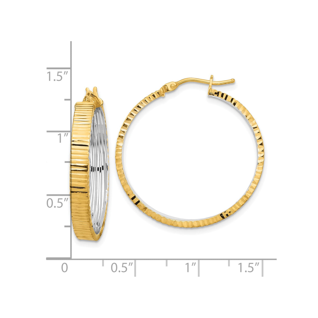 14k Yellow Gold Earrings, Two Tone Textured Hoop Design with Diamond Cut Finish for Women