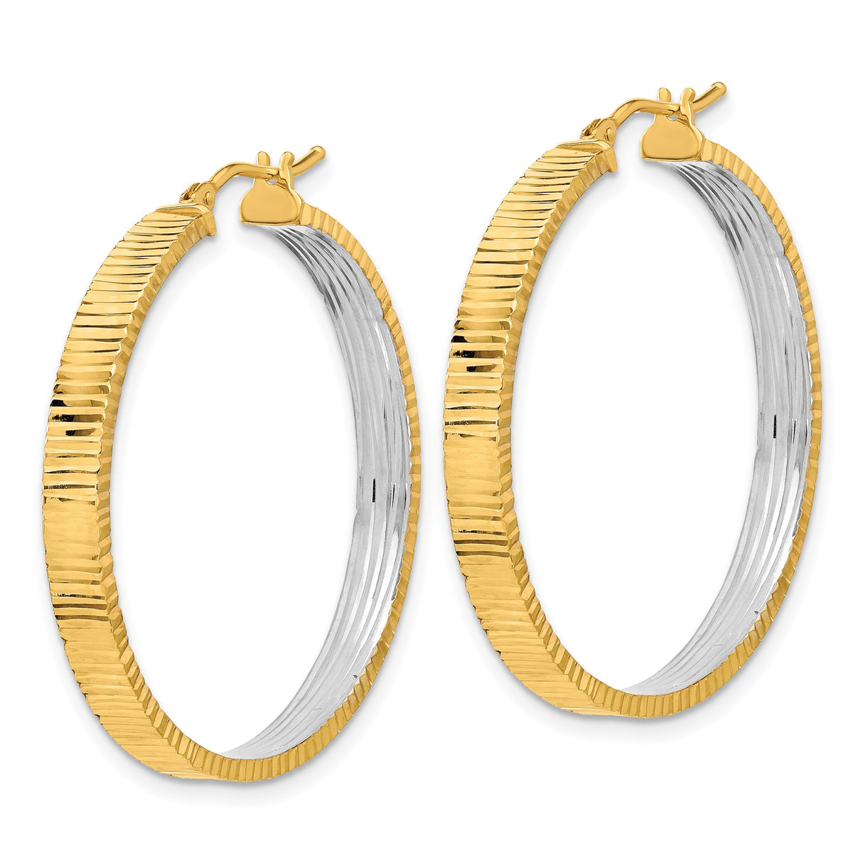 14k Yellow Gold Hoop Earrings, Large Two-Tone Ribbed Round Polished Design for Women