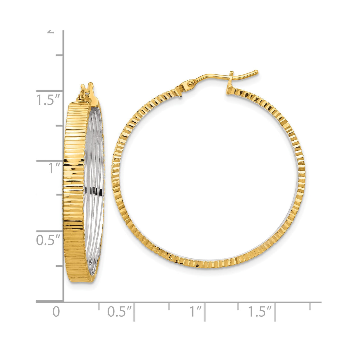 14k Yellow Gold Hoop Earrings, Large Two-Tone Ribbed Round Polished Design for Women