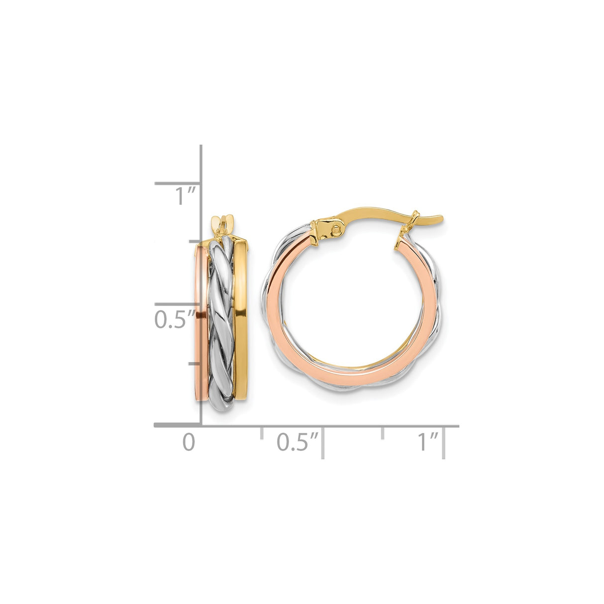 14k Yellow Gold Tri Tone Hoop Earrings with Twisted Intertwined Strands, Polished Finish