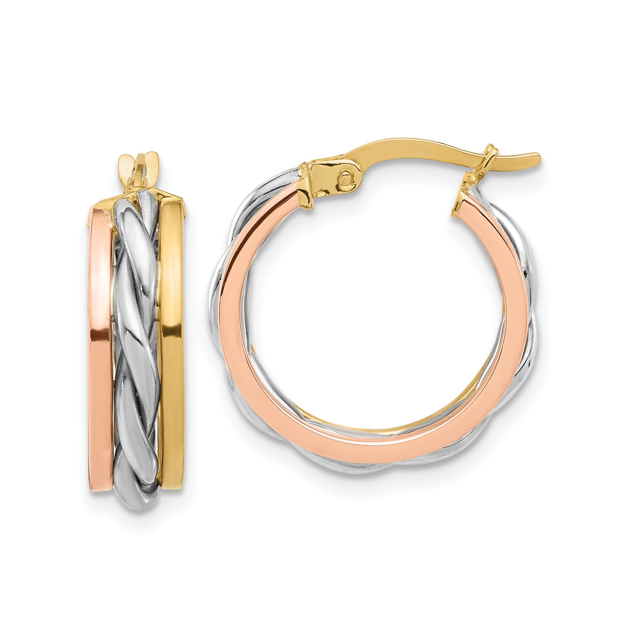 14k Yellow Gold Tri Tone Hoop Earrings with Twisted Intertwined Strands, Polished Finish