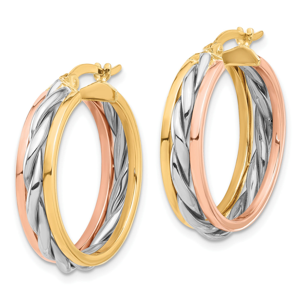 14k Yellow Gold Tri Tone Hoop Earrings with Twisted Rope Design for Women