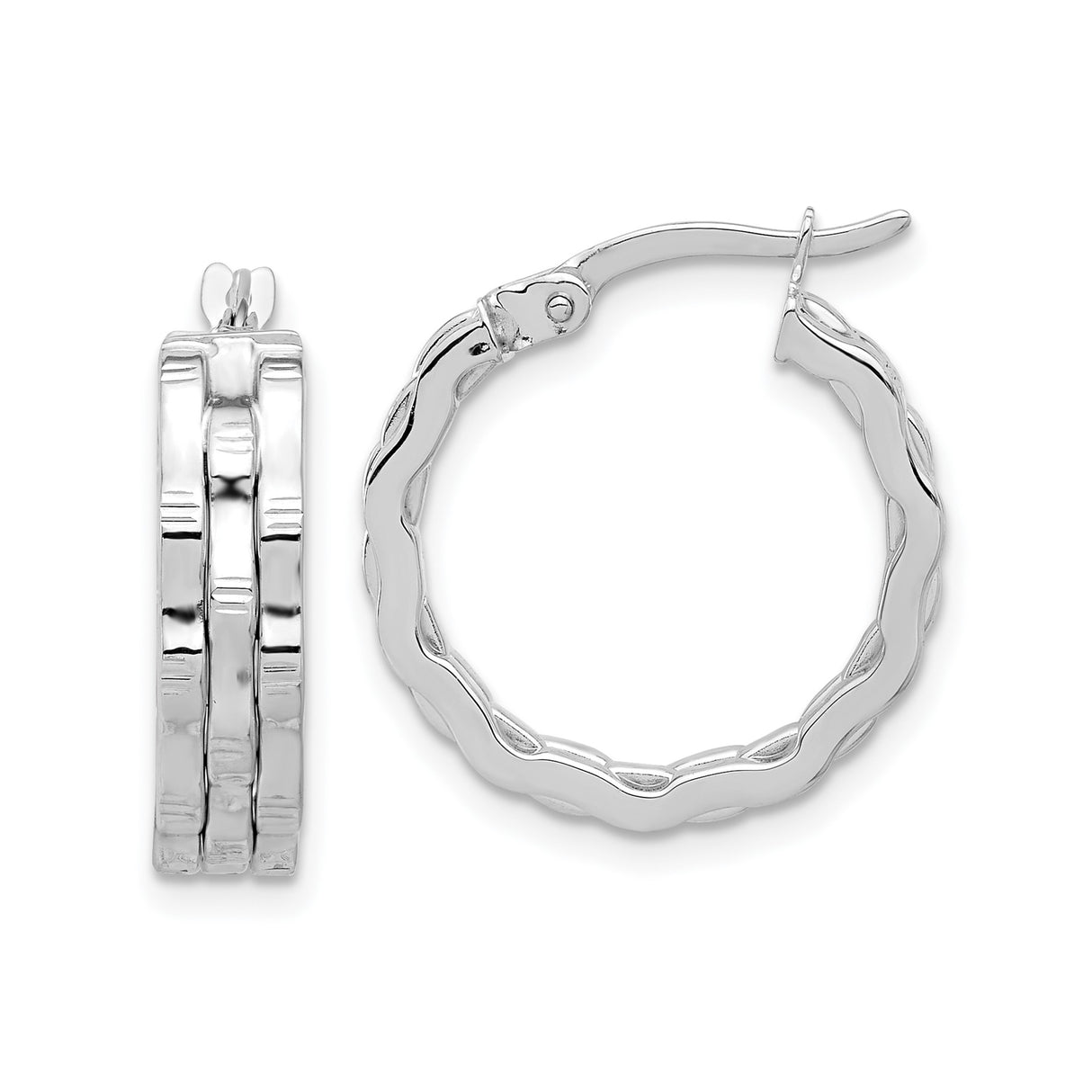 14k White Gold Hoop Earrings with Twisted Textured Design and Hinged Latch Closure