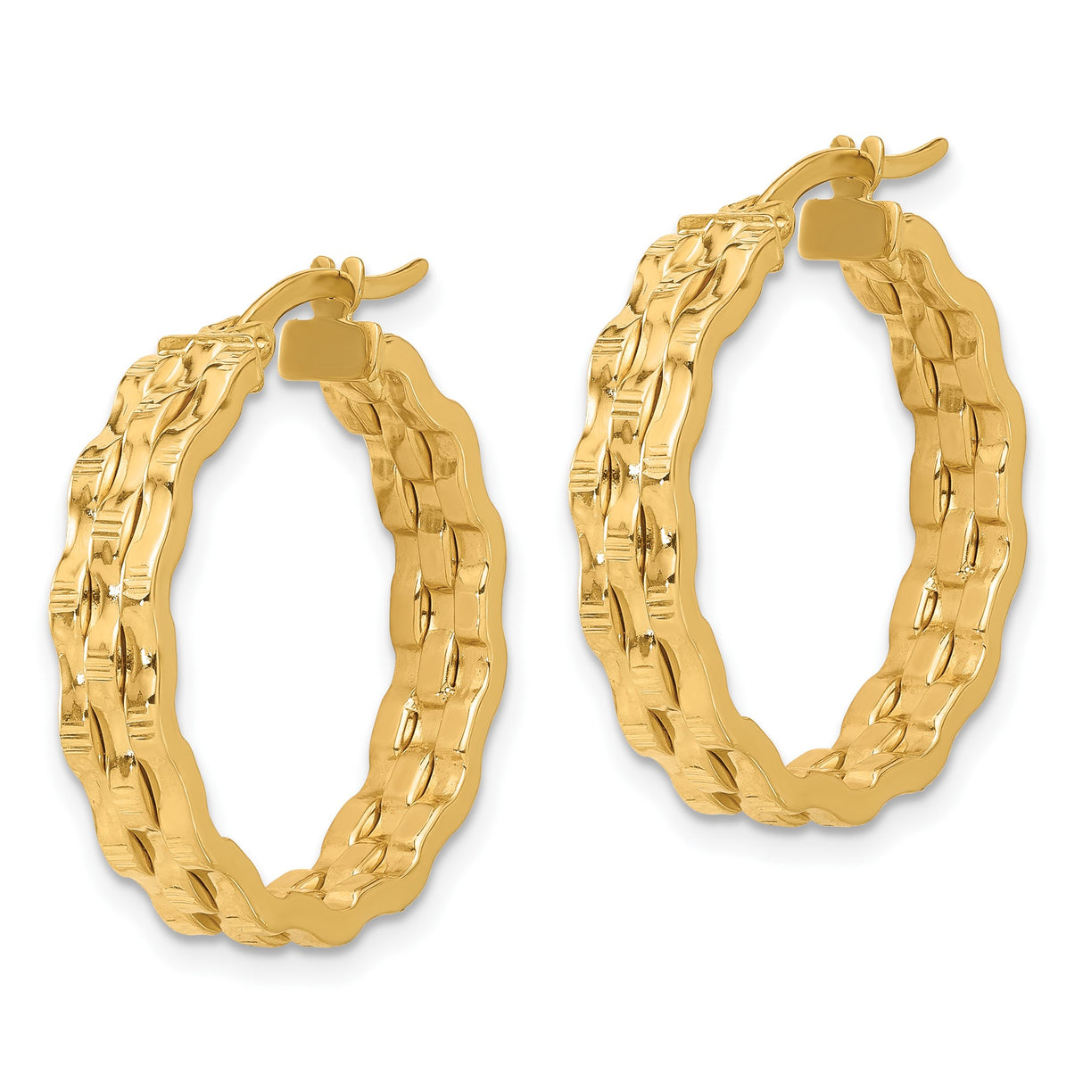 14k Yellow Gold Hoop Earrings, Triple Row Design with Polished and Ribbed Finish, Medium Size