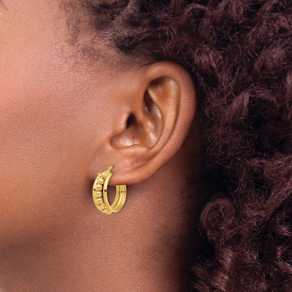 14k Yellow Gold Hoop Earrings with Polished Square Beads, Minimalist Lightweight Design