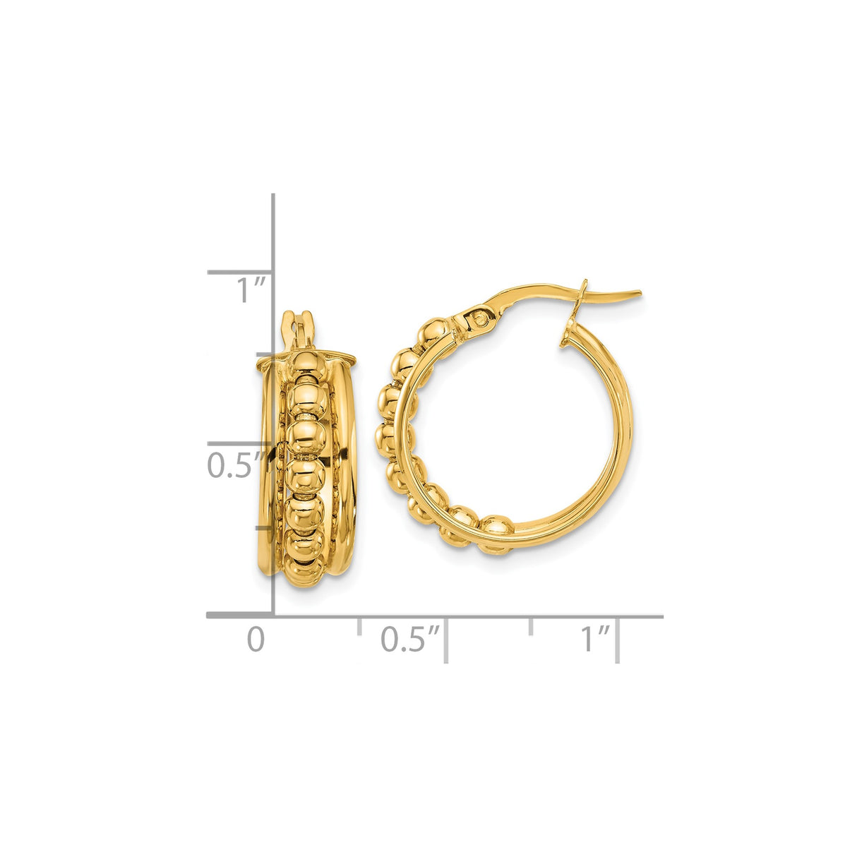 14k Yellow Gold Hoop Earrings with Beaded Triple Row Design and Central Bead Detail
