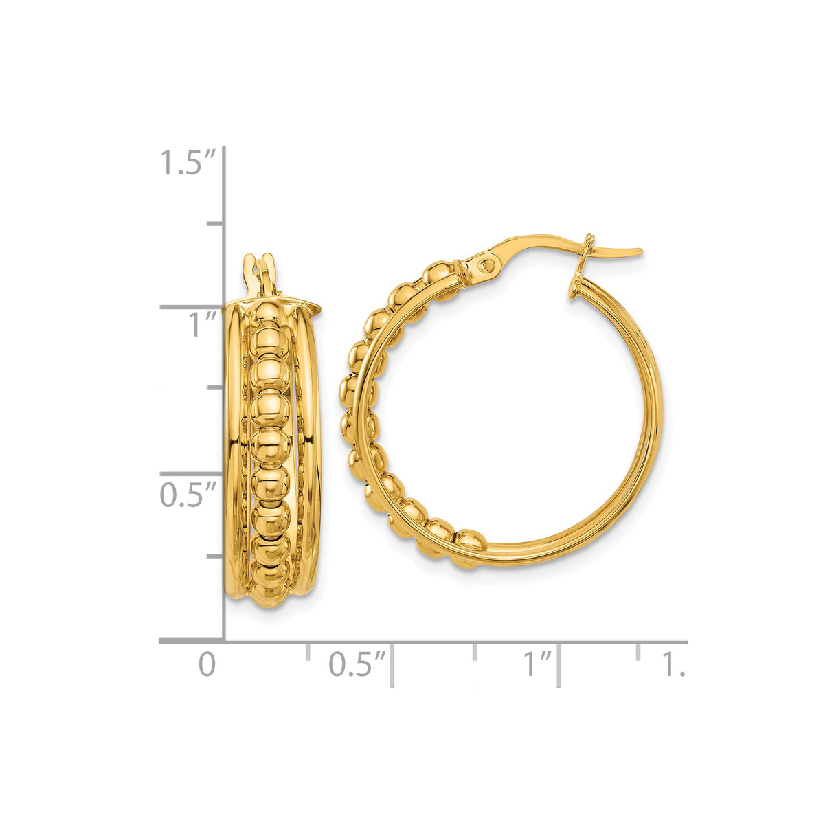 14k Yellow Gold Hoop Earrings with Beaded Design, Polished Finish, Classic Lightweight Style