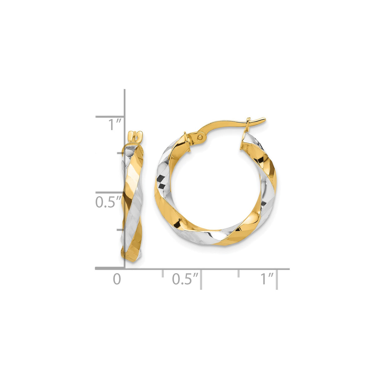 14k Yellow Gold Twisted Hoop Earrings, Two-Tone with Rhodium, Diamond-Cut Textured Finish