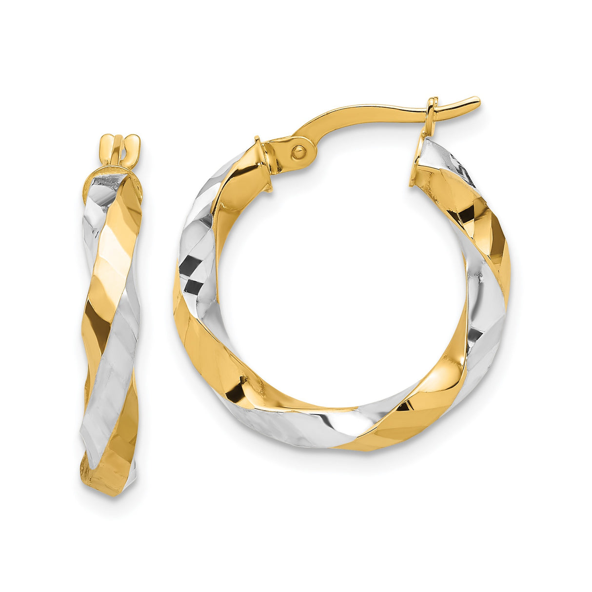 14k Yellow Gold Twisted Hoop Earrings, Two-Tone with Rhodium, Diamond-Cut Textured Finish