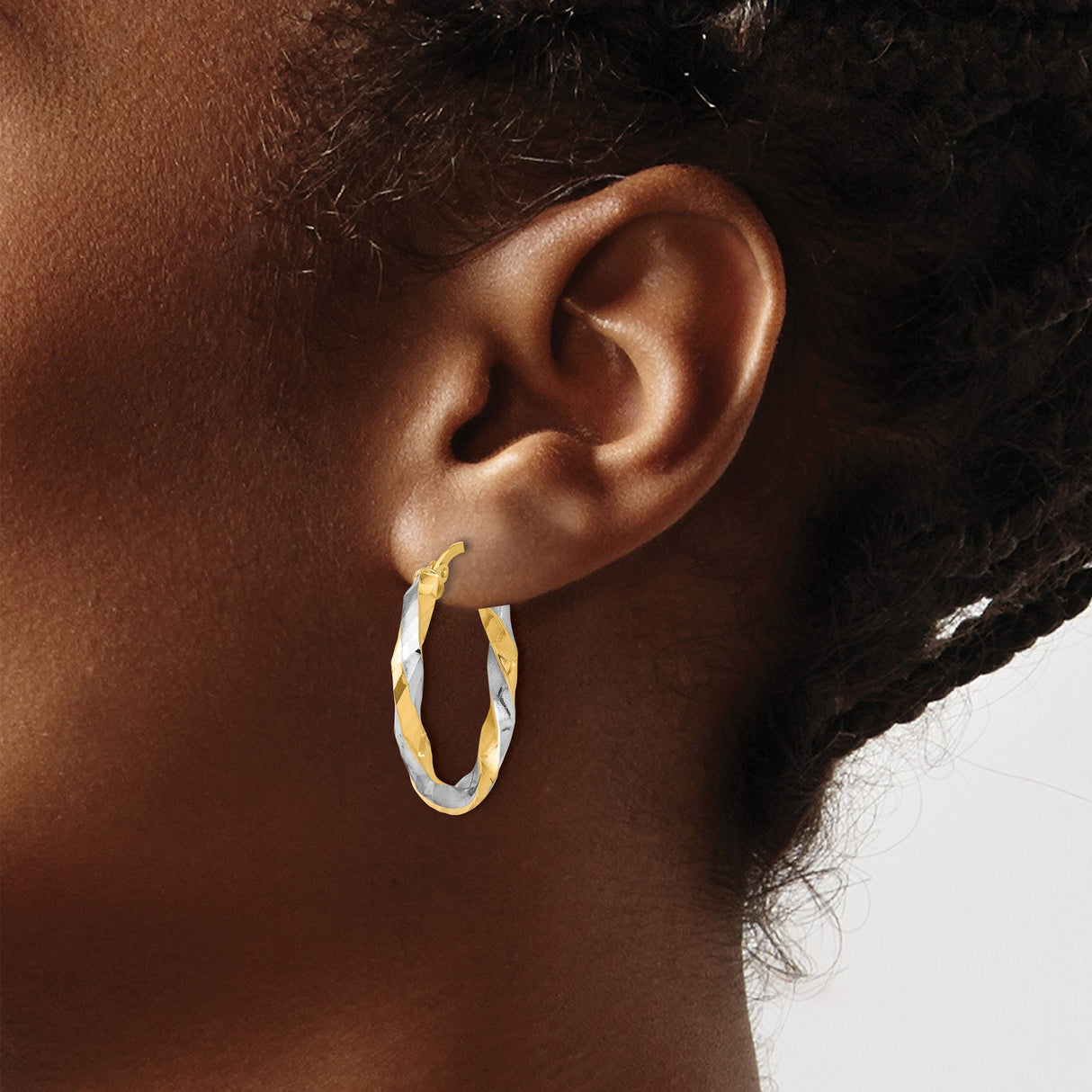 14K Two-Tone Gold Hoop Earrings, Twisted Design with Faceted Texture, Polished Finish