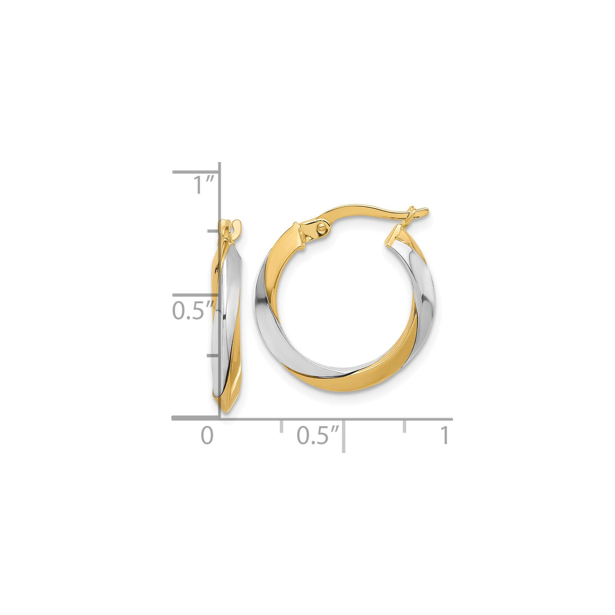 14k Yellow Gold Two Tone Hoop Earrings with Twisted Design, Lightweight Polished Style for Women
