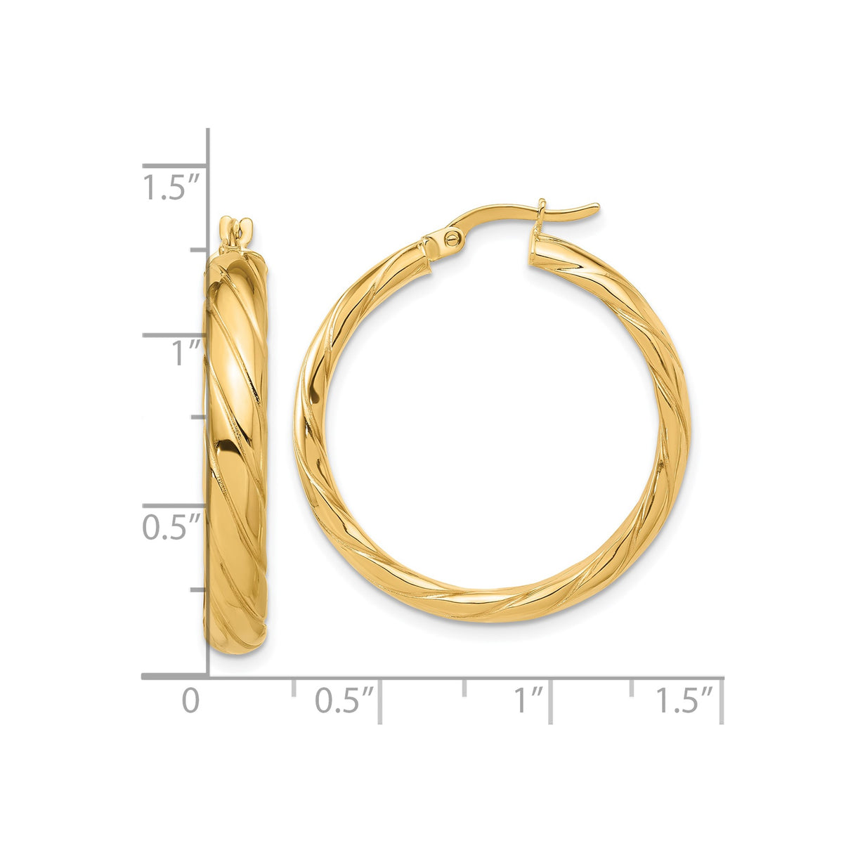 14k Yellow Gold Hoop Earrings with Polished Twist Design, Medium Size Textured Hoops