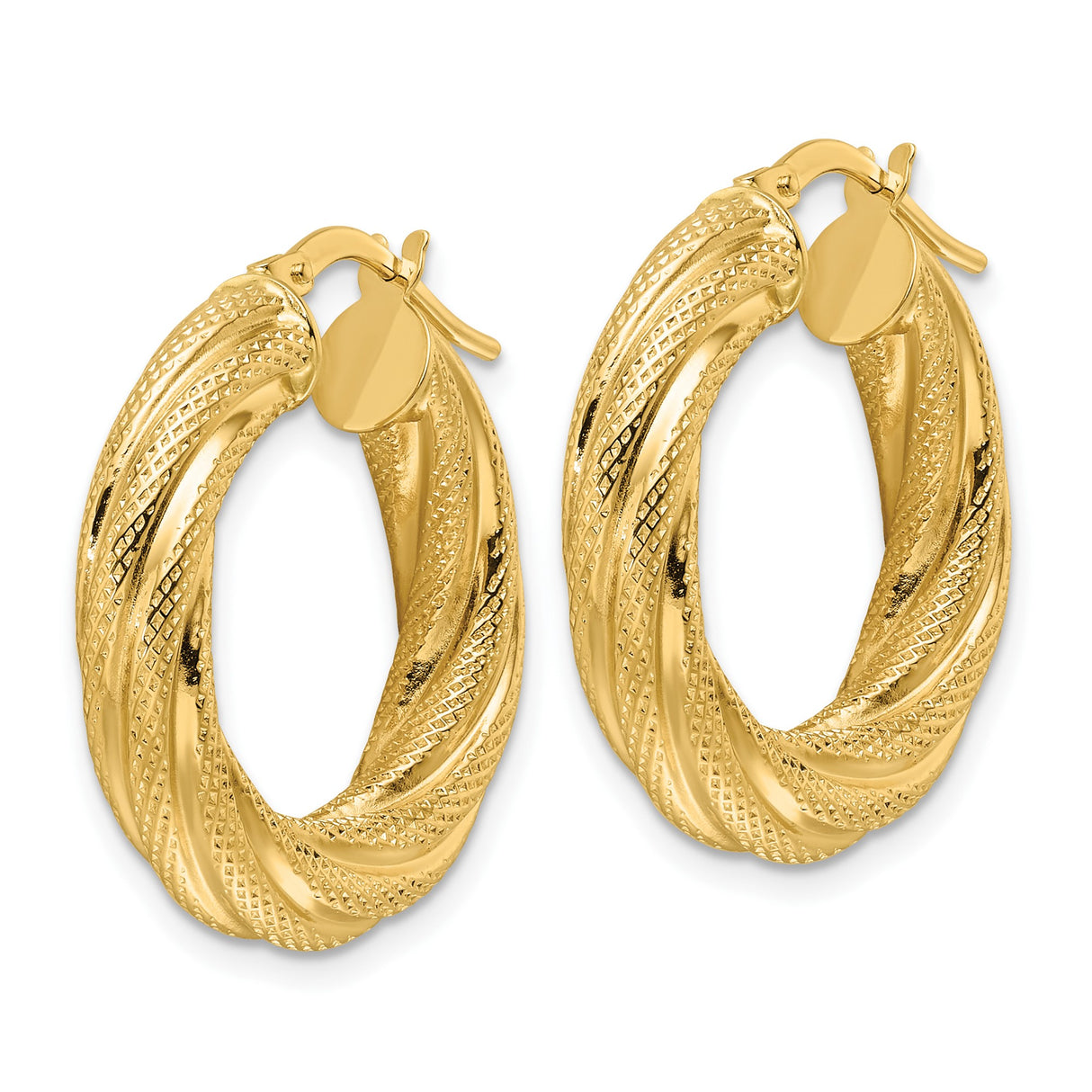 14k Yellow Gold Twisted Hoop Earrings, Diamond Cut Textured Medium Hoops for Women