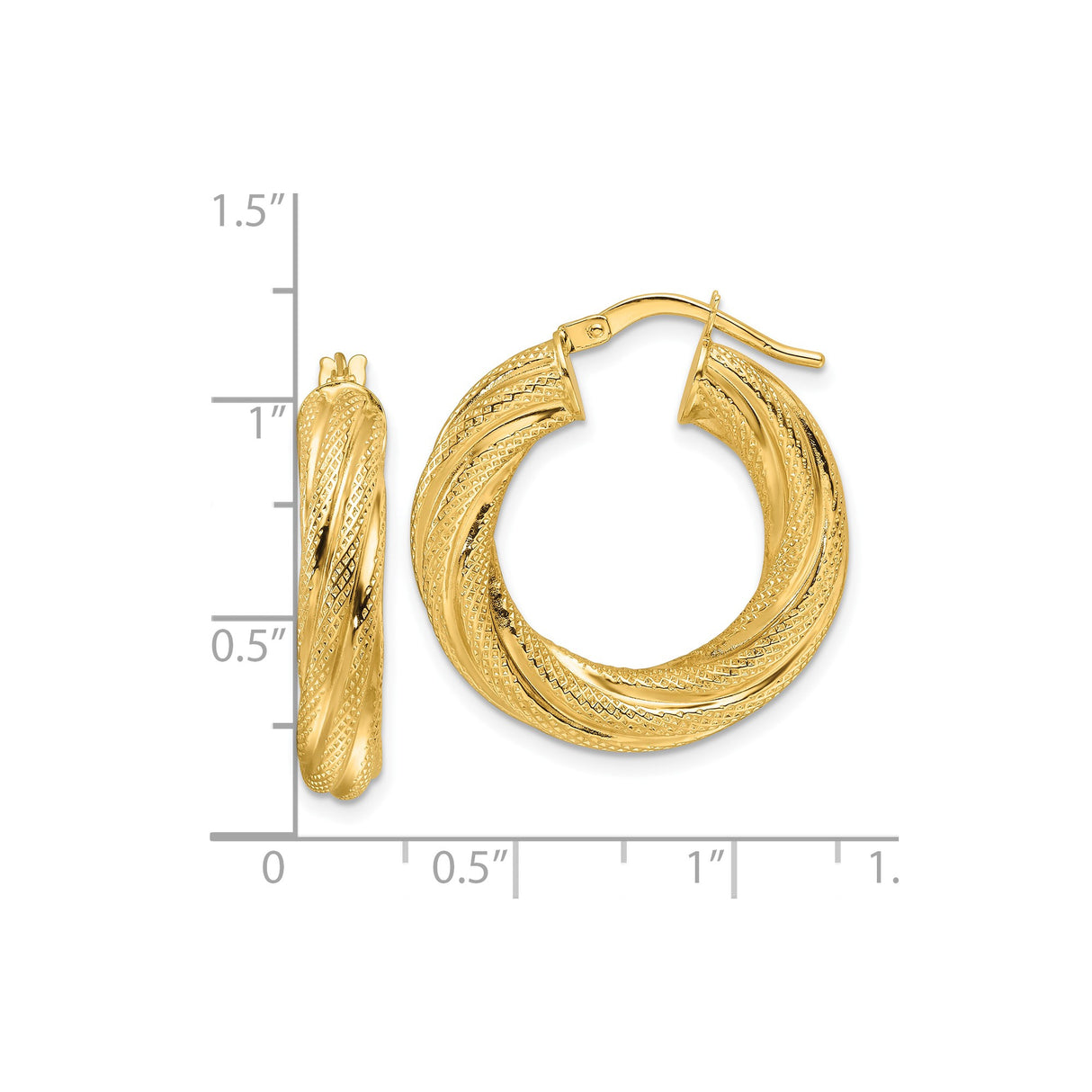 14k Yellow Gold Twisted Hoop Earrings, Diamond Cut Textured Medium Hoops for Women